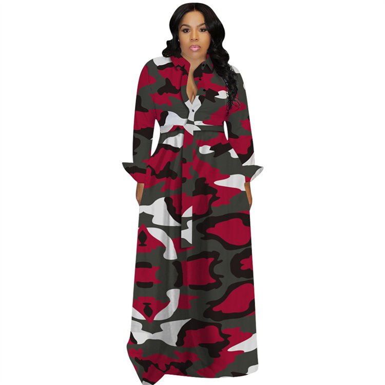 Plus Size Women Clothing Fall Winter Maxi Dresses Camouflage Long Shirt Elegant Women Casual Dress Long Dresses