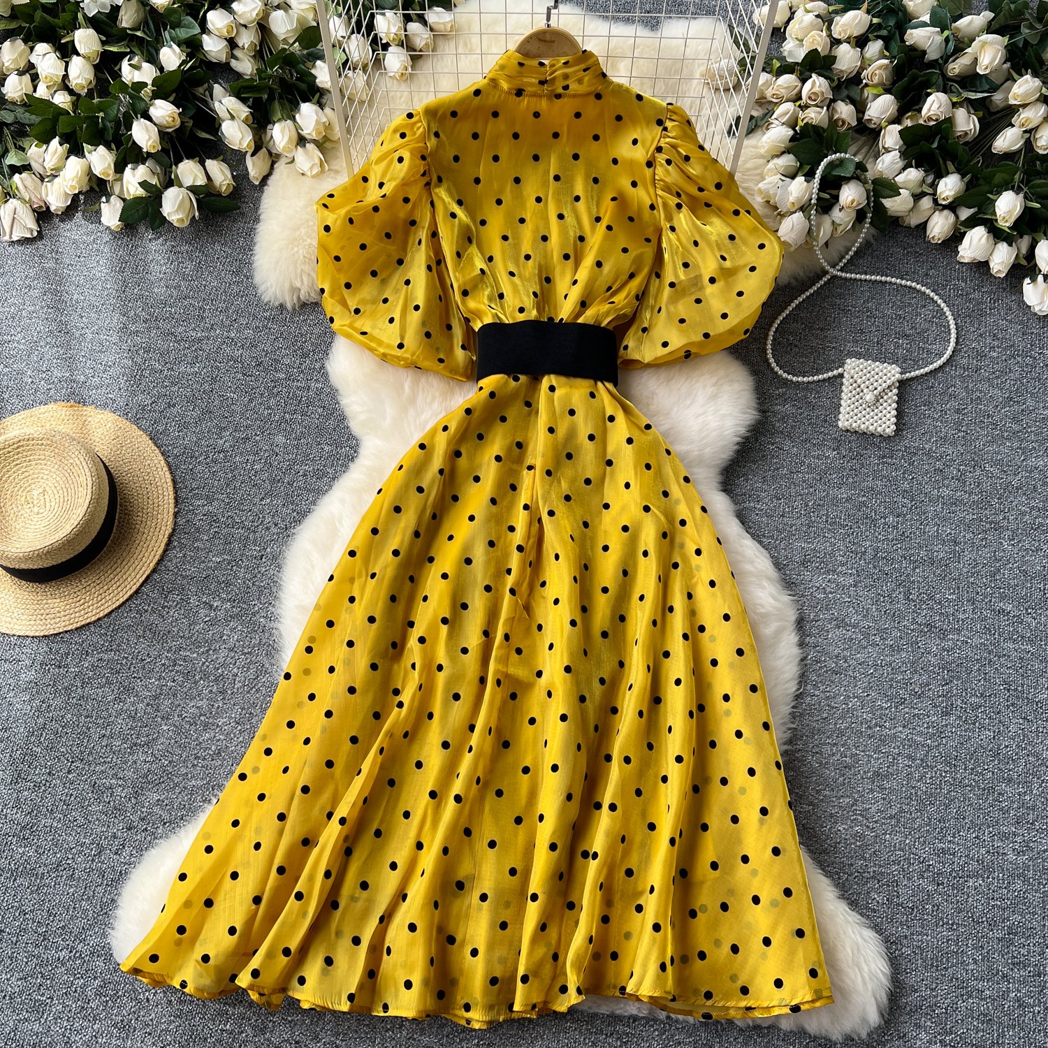 LE2625 European And American Style Polka Dot Mesh Dresses Women Luxury Puffed Sleeves Sailor Collar Maxi Dress Socialite Dress