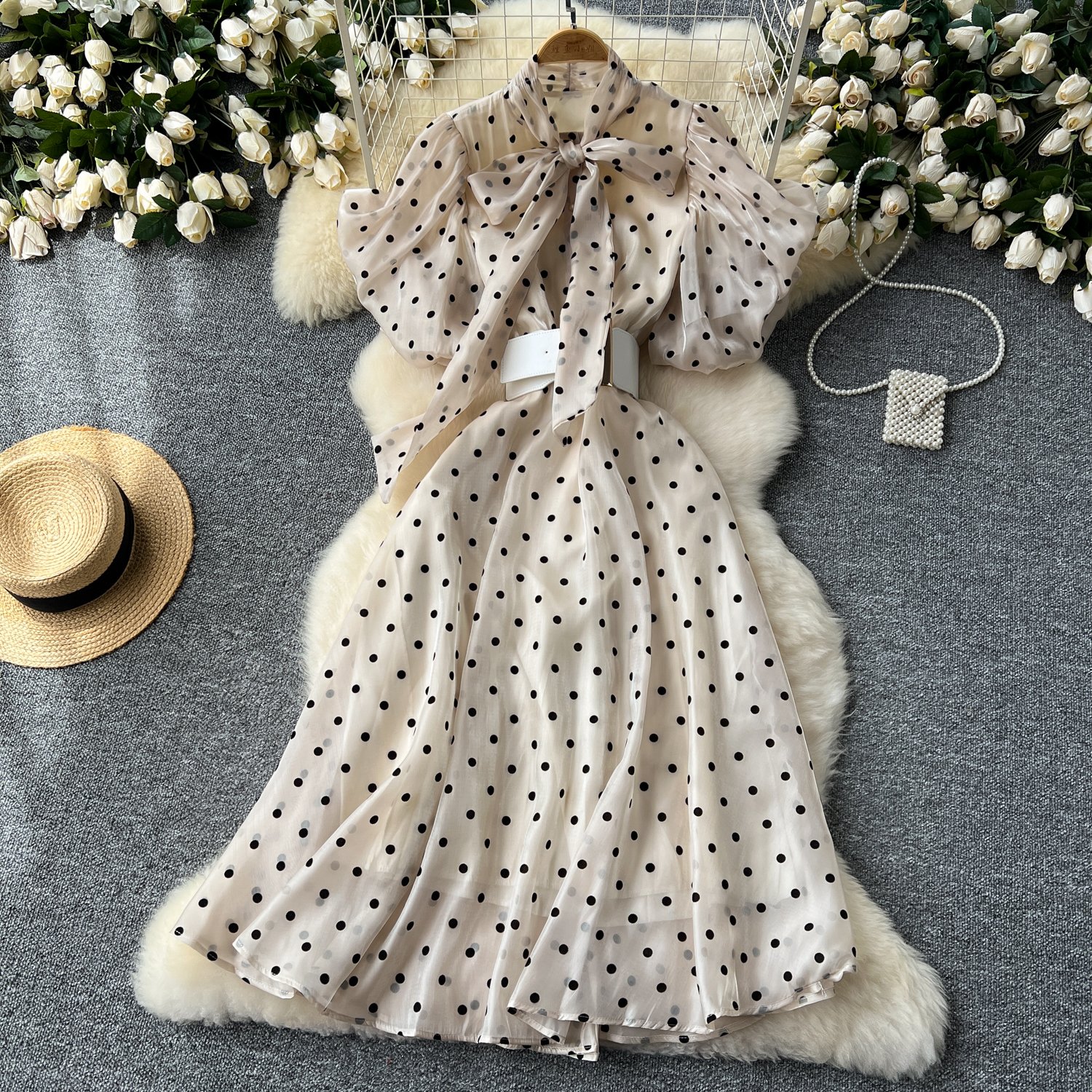 LE2625 European And American Style Polka Dot Mesh Dresses Women Luxury Puffed Sleeves Sailor Collar Maxi Dress Socialite Dress