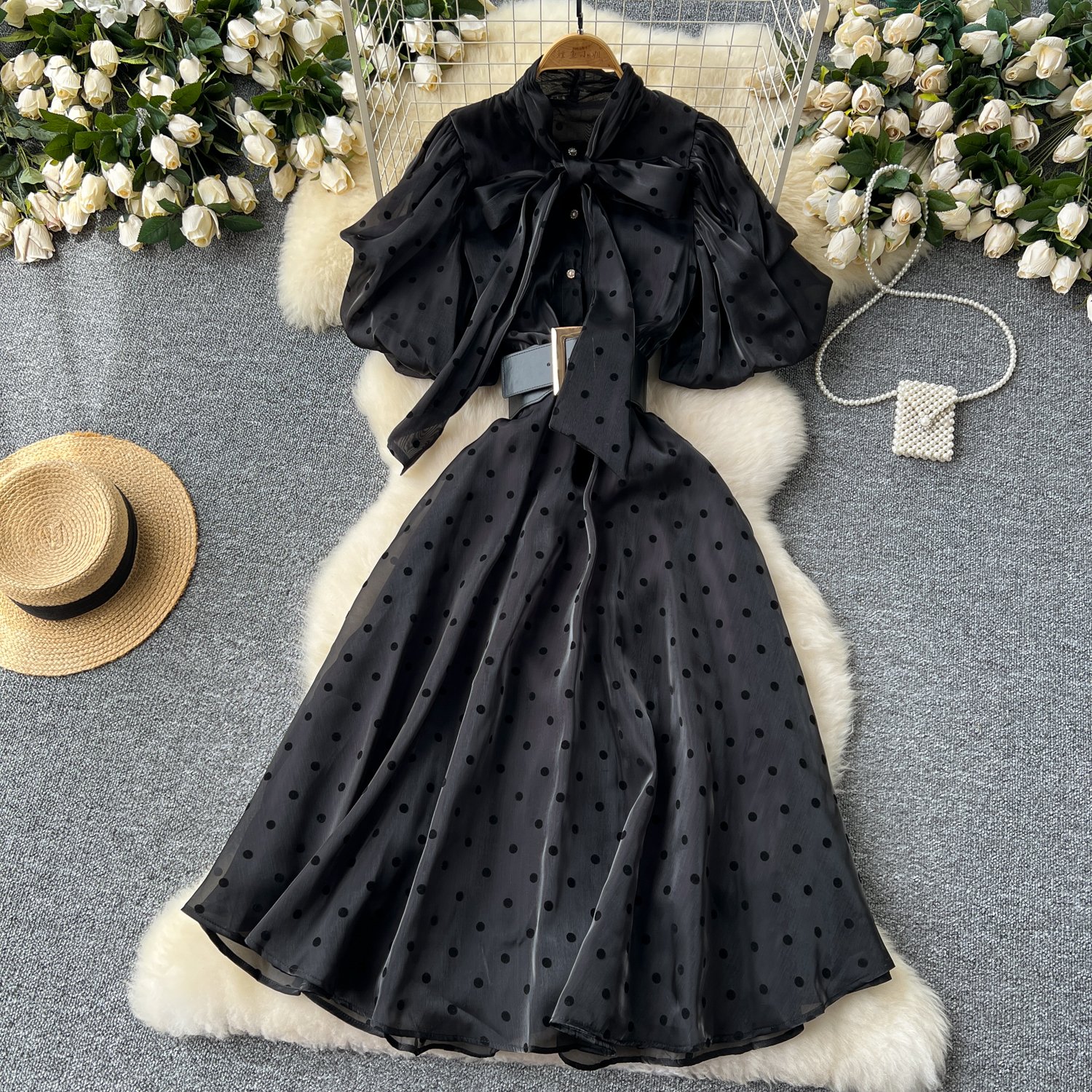 LE2625 European And American Style Polka Dot Mesh Dresses Women Luxury Puffed Sleeves Sailor Collar Maxi Dress Socialite Dress