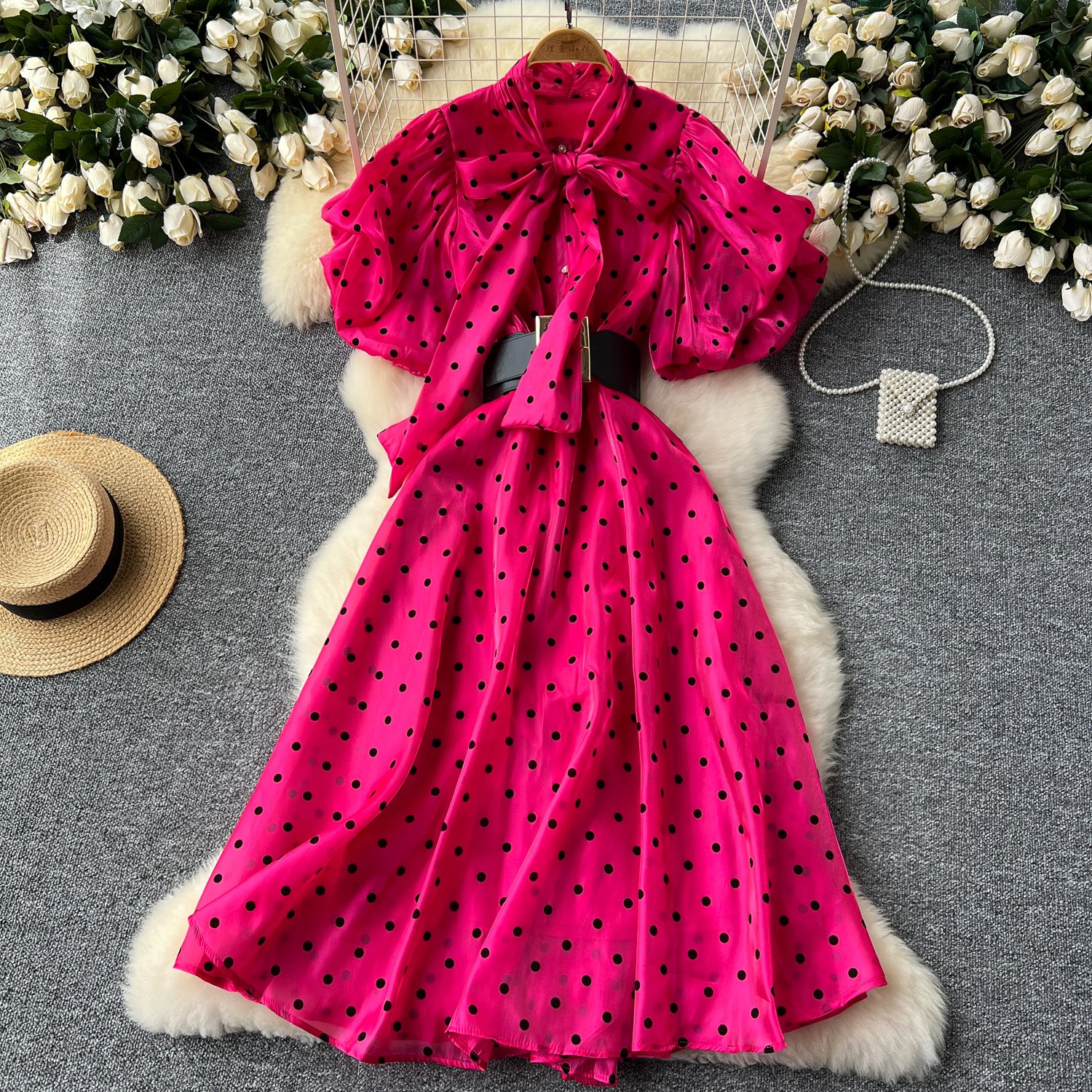 LE2625 European And American Style Polka Dot Mesh Dresses Women Luxury Puffed Sleeves Sailor Collar Maxi Dress Socialite Dress