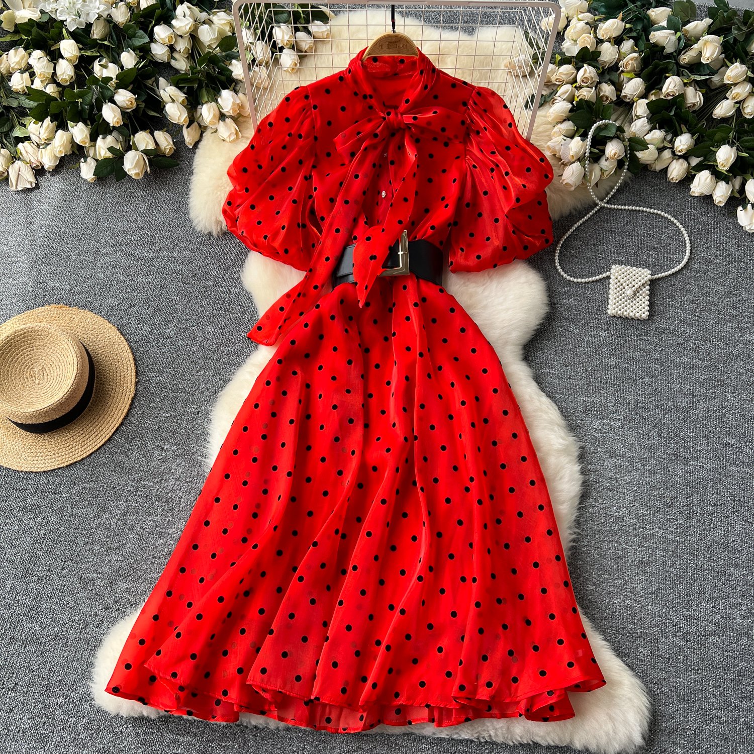 LE2625 European And American Style Polka Dot Mesh Dresses Women Luxury Puffed Sleeves Sailor Collar Maxi Dress Socialite Dress