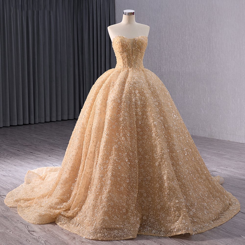 Jancember 241036 Elegant Golden Strapless Sequins Flower Ball Gown Evening Dress