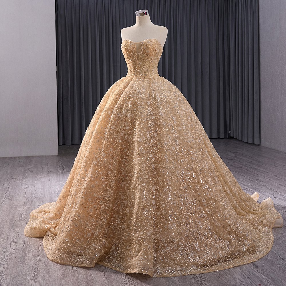 Jancember 241036 Elegant Golden Strapless Sequins Flower Ball Gown Evening Dress