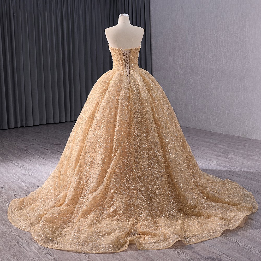 Jancember 241036 Elegant Golden Strapless Sequins Flower Ball Gown Evening Dress