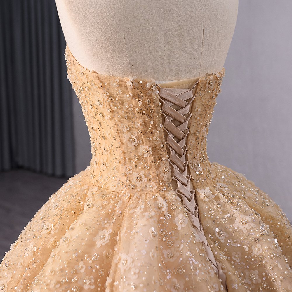 Jancember 241036 Elegant Golden Strapless Sequins Flower Ball Gown Evening Dress