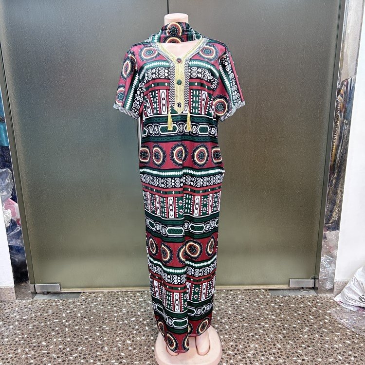 Casual V Neck Short Sleeve Pockets Folkloric Graphic Embroidery African Women Abaya Faftan Muslim Dress