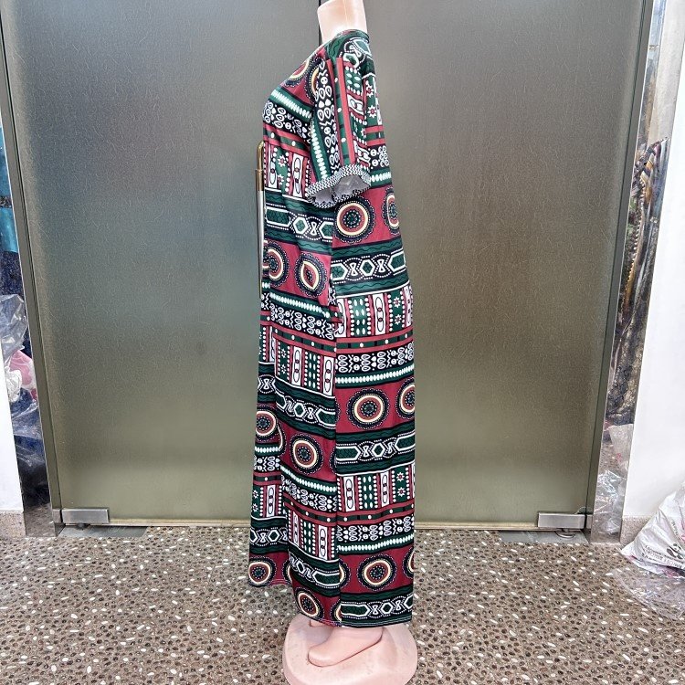Casual V Neck Short Sleeve Pockets Folkloric Graphic Embroidery African Women Abaya Faftan Muslim Dress