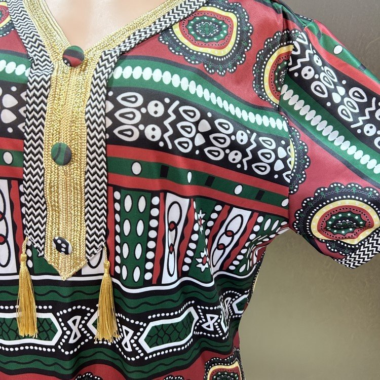 Casual V Neck Short Sleeve Pockets Folkloric Graphic Embroidery African Women Abaya Faftan Muslim Dress