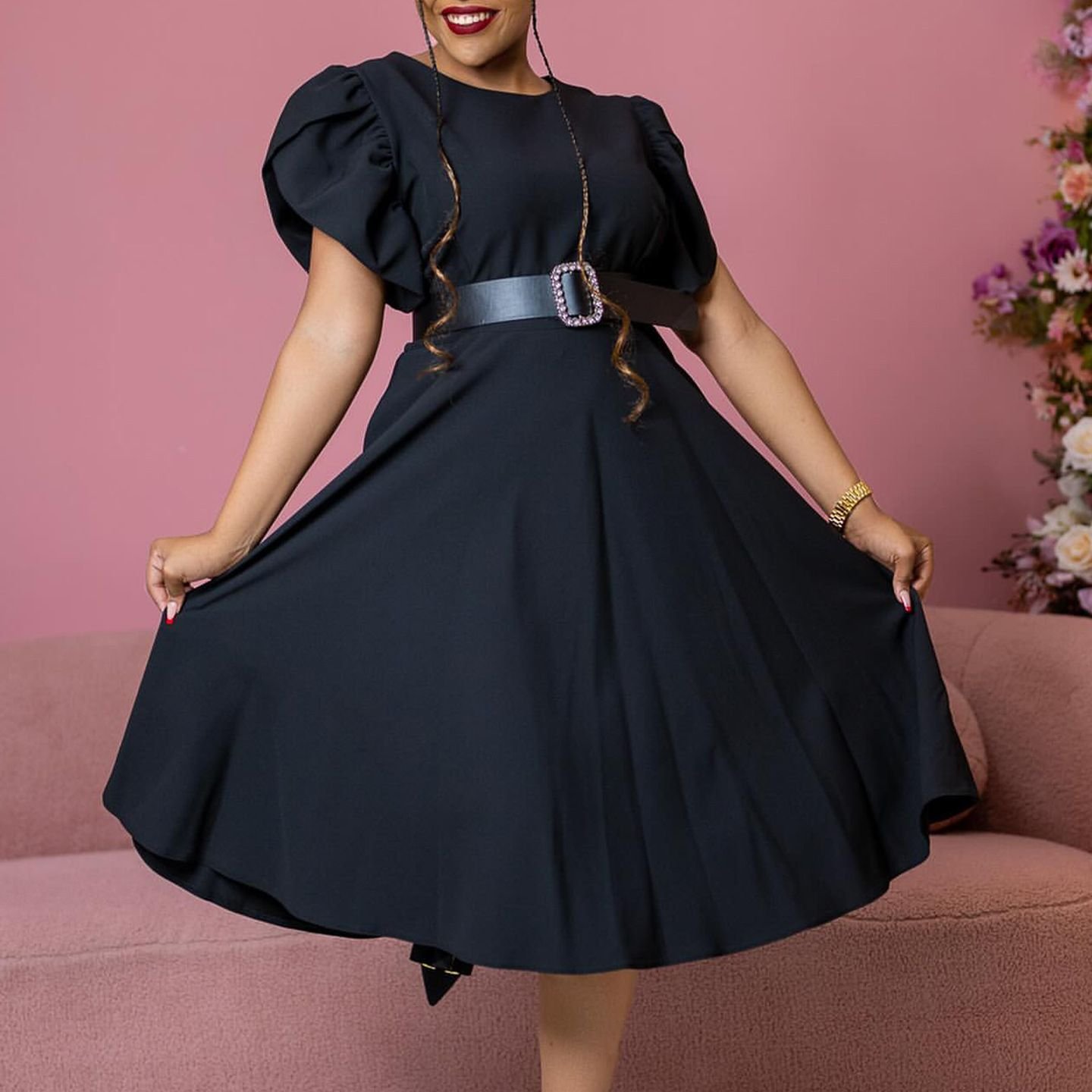 New Style Women Office Dress Plus Size Solid Color Midi Dress Elegant Casual Party Dress Ladies Wear