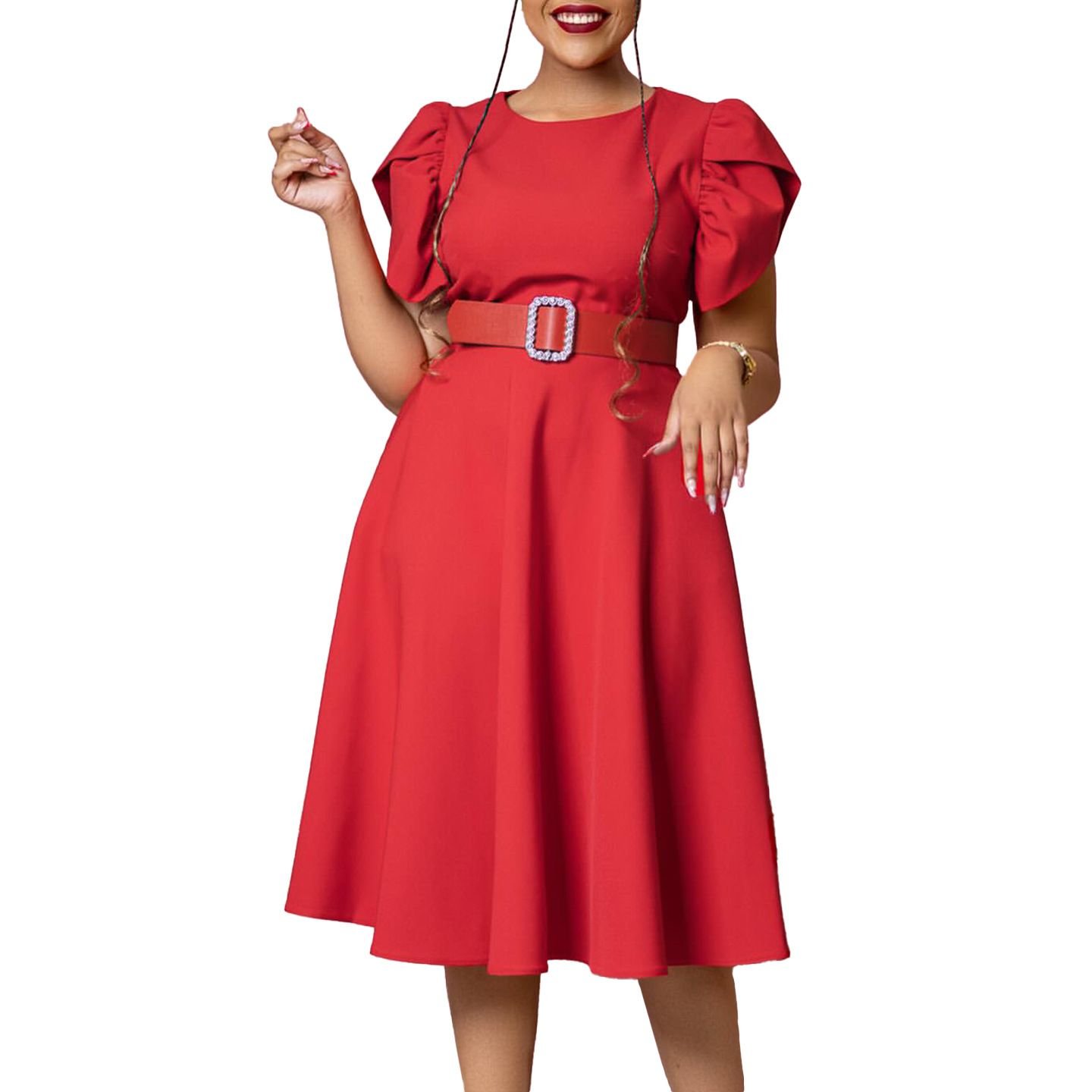 New Style Women Office Dress Plus Size Solid Color Midi Dress Elegant Casual Party Dress Ladies Wear