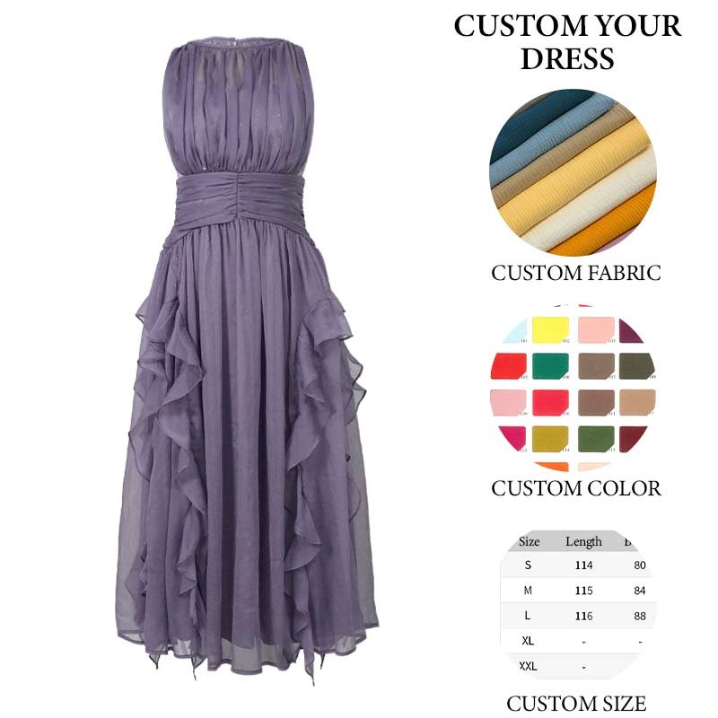 ZYHT 80175 Women Summer Purple Ruffle Sleeveless Casual Long Dresses Ruched Chiffon Summer Maxi Dress