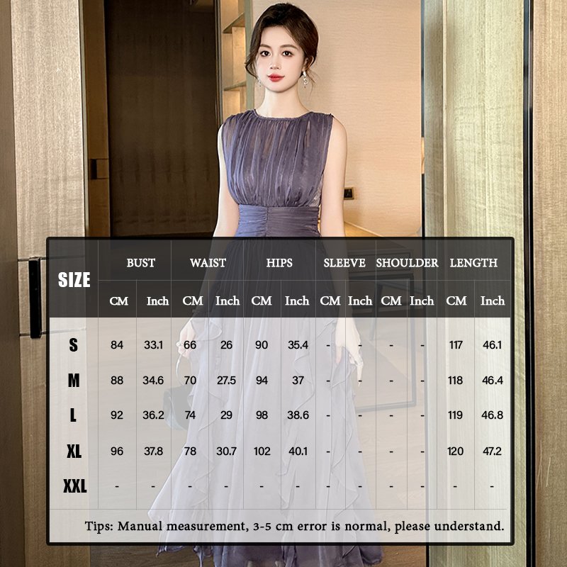 ZYHT 80175 Women Summer Purple Ruffle Sleeveless Casual Long Dresses Ruched Chiffon Summer Maxi Dress