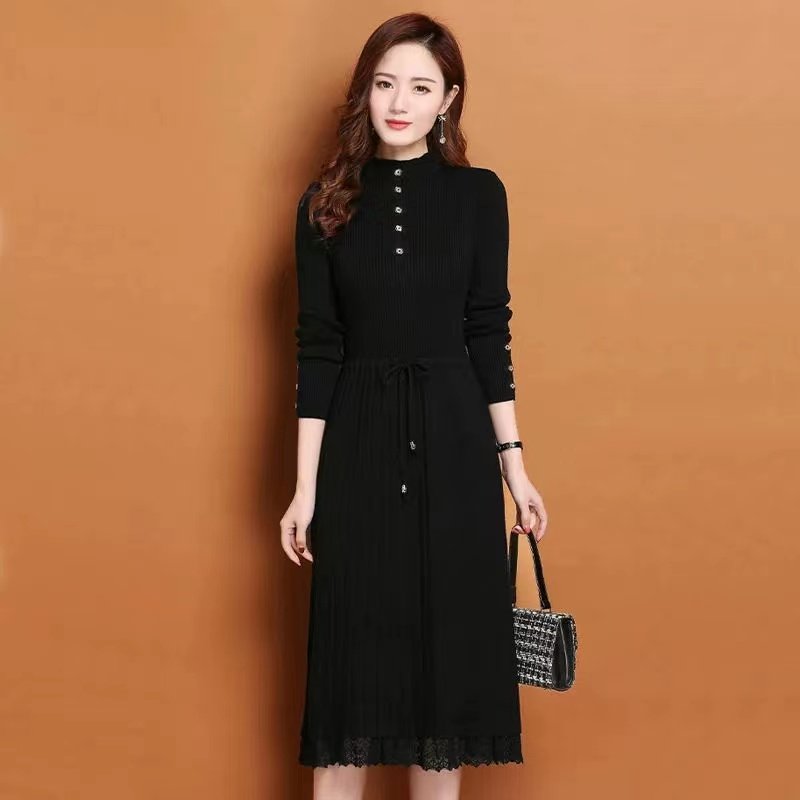 Huachao fashion ladies dress casual slim fit women knit sweater over knee knit middle neck dress lace sweater dress for lady