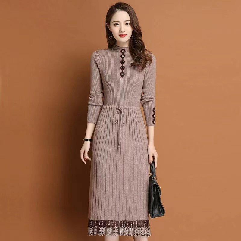 Huachao fashion ladies dress casual slim fit women knit sweater over knee knit middle neck dress lace sweater dress for lady