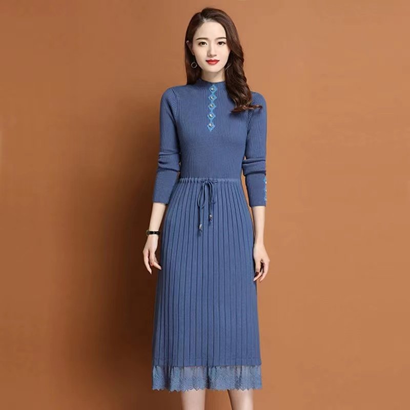 Huachao fashion ladies dress casual slim fit women knit sweater over knee knit middle neck dress lace sweater dress for lady
