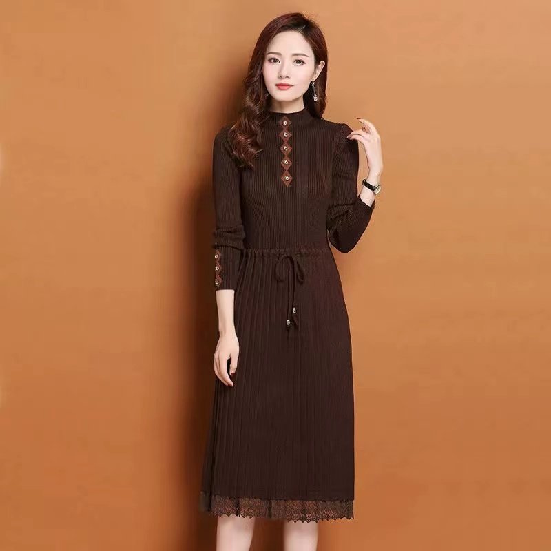 Huachao fashion ladies dress casual slim fit women knit sweater over knee knit middle neck dress lace sweater dress for lady