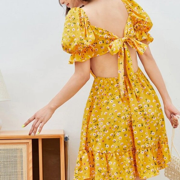 Custom Summer Yellow Floral Printed Backless Smocking Ruffle Hem Casual Dress For Women