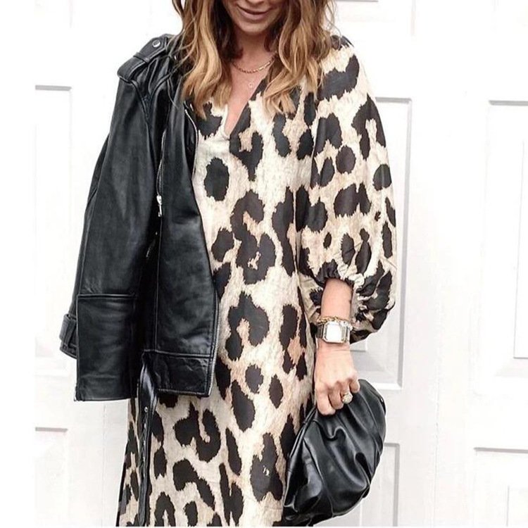 spring fall new arrivals womens clothes dresses women lady elegant ladies V neck loose balloon sleeve leopard print casual dress