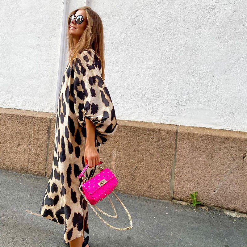spring fall new arrivals womens clothes dresses women lady elegant ladies V neck loose balloon sleeve leopard print casual dress