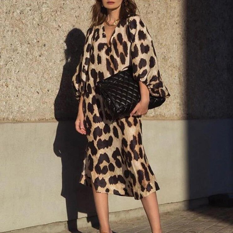 spring fall new arrivals womens clothes dresses women lady elegant ladies V neck loose balloon sleeve leopard print casual dress