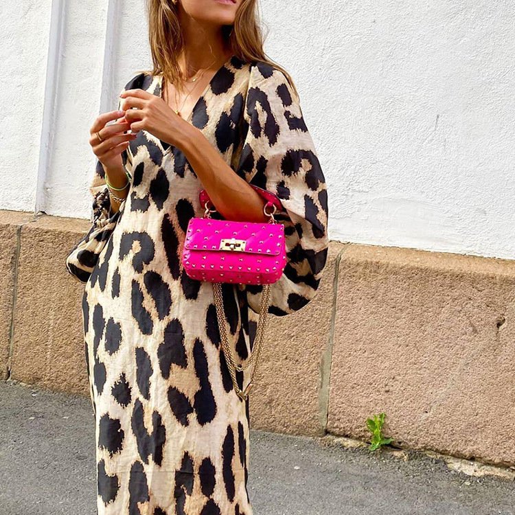 spring fall new arrivals womens clothes dresses women lady elegant ladies V neck loose balloon sleeve leopard print casual dress