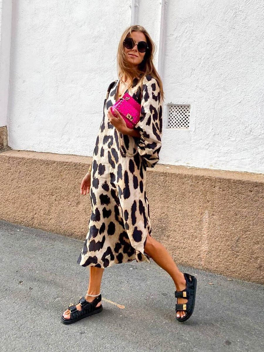 spring fall new arrivals womens clothes dresses women lady elegant ladies V neck loose balloon sleeve leopard print casual dress
