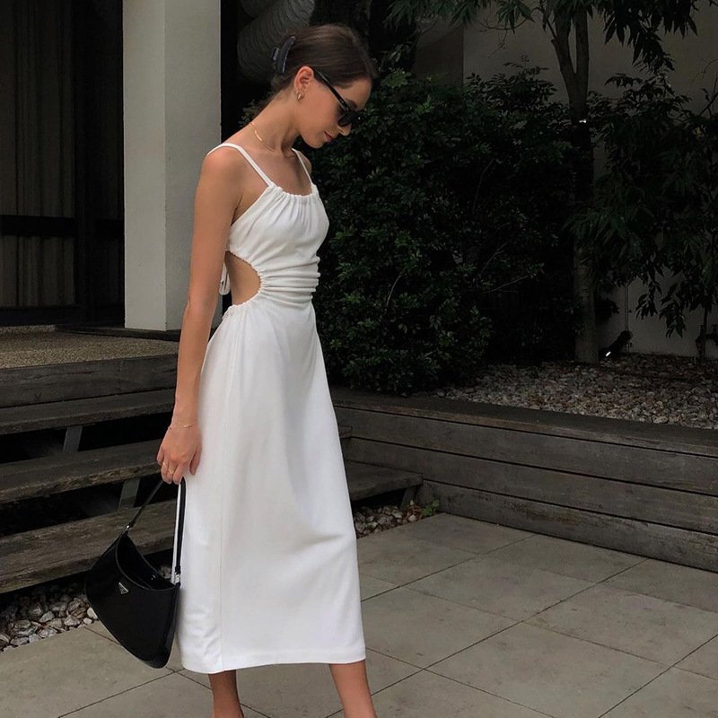 Knitted 100% linen Elegant Square Neck Halter Waist Cutout Dress Women's Sexy Backless Slim White Vintage Casual dresses