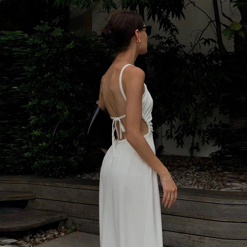 Knitted 100% linen Elegant Square Neck Halter Waist Cutout Dress Women's Sexy Backless Slim White Vintage Casual dresses