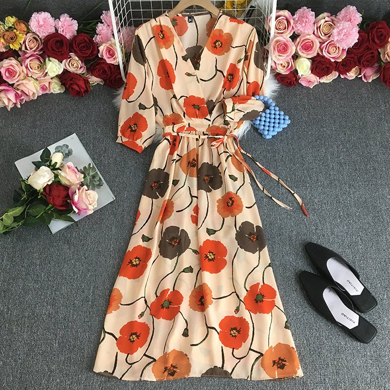 Custom Korean V Neck Floral Print Slim Waist A-Line Elegant Dress Women Summer Chiffon Casual Dresses Clothing