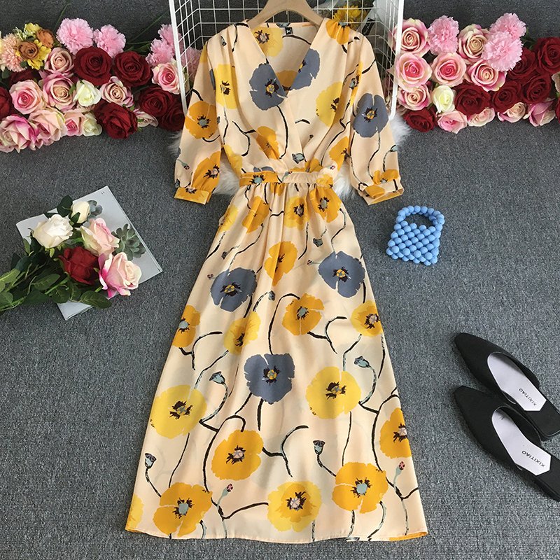 Custom Korean V Neck Floral Print Slim Waist A-Line Elegant Dress Women Summer Chiffon Casual Dresses Clothing