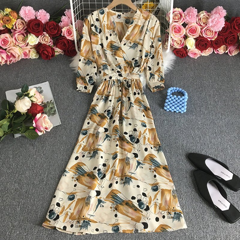 Custom Korean V Neck Floral Print Slim Waist A-Line Elegant Dress Women Summer Chiffon Casual Dresses Clothing