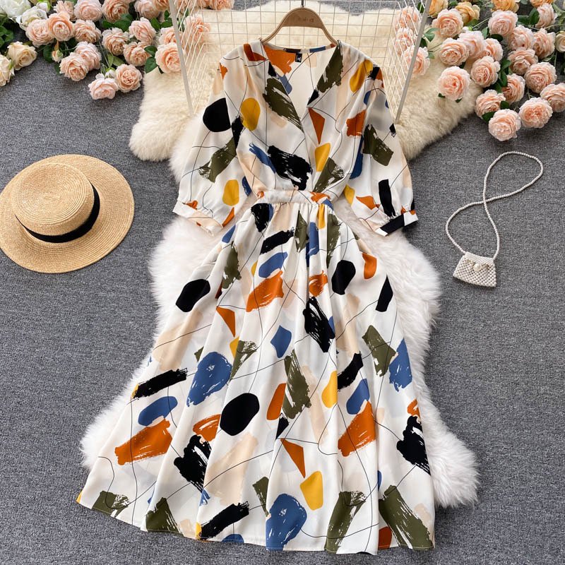 Custom Korean V Neck Floral Print Slim Waist A-Line Elegant Dress Women Summer Chiffon Casual Dresses Clothing