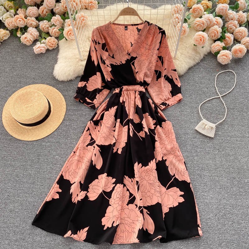 Custom Korean V Neck Floral Print Slim Waist A-Line Elegant Dress Women Summer Chiffon Casual Dresses Clothing