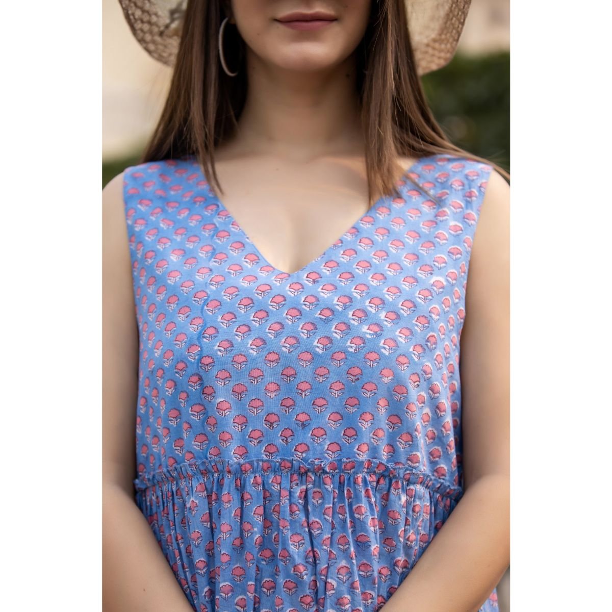 Beautiful Cotton Hand Block Printed Women sleeveless Dress Light Weight Beach Wear Floral Printed Dress