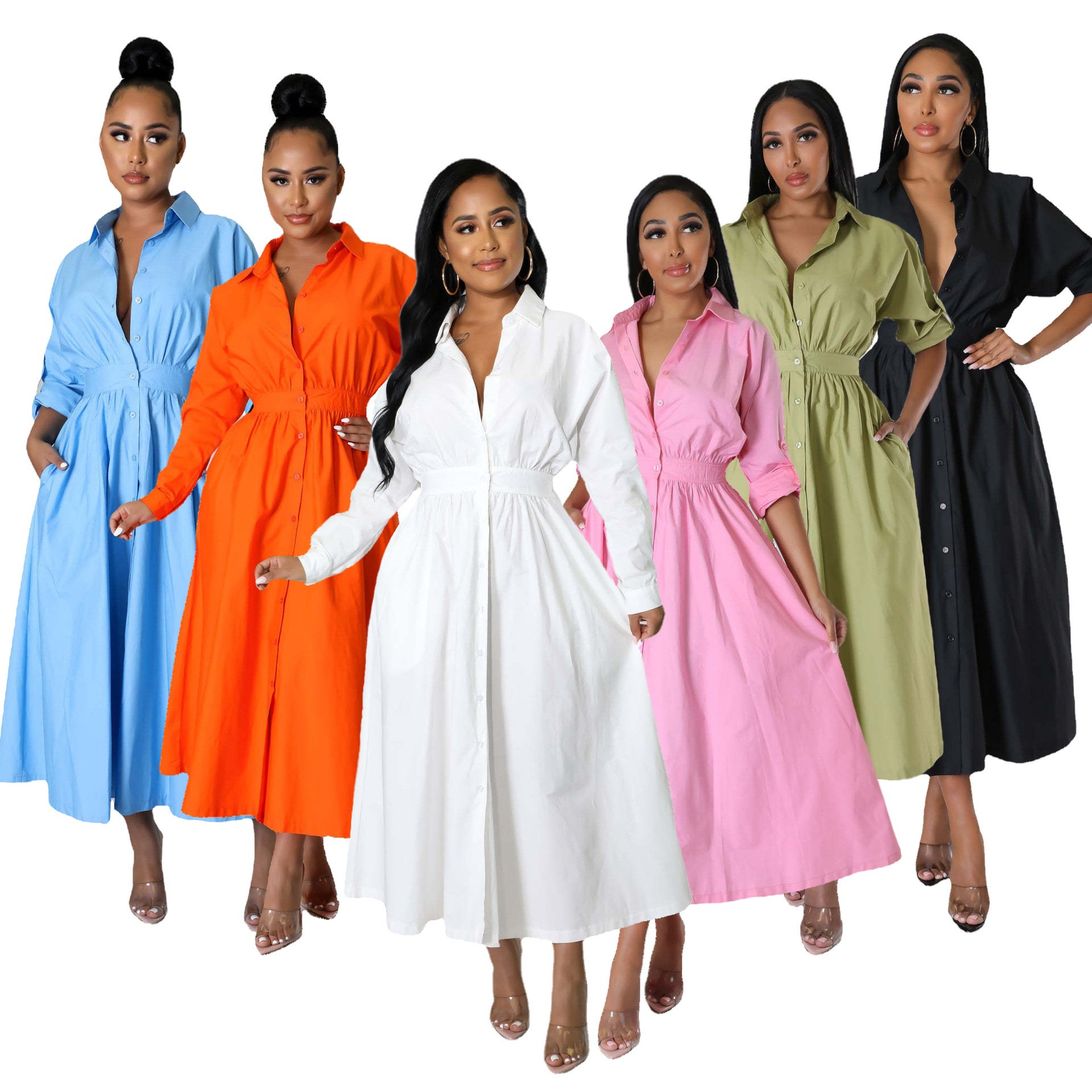 Hot Style Formal Solid Color Maxi Belt Long Sleeve Shirt Dress Women Fashion