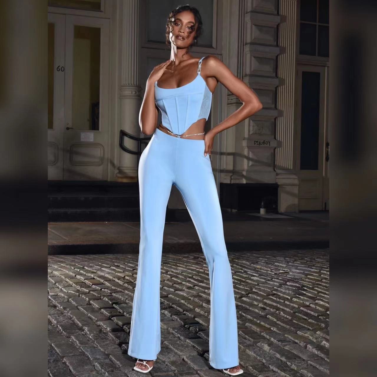 Flash Sale Sexy Fashion Elegant Casual Two Piece Suit Metal Chain Design Street Style Sexy Bandage Summer Two Piece Suit