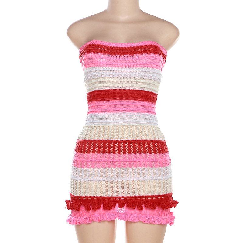 2024 Hot Selling women clothes set Y2k casual dresses tube Top Dress cute lace knitted Striped sleeveless summer Women's dresses