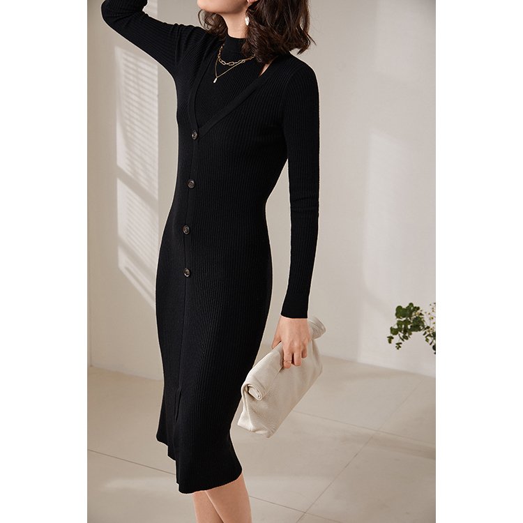RWS High Quality Pink Black 100% Merino Wool Slim Fit Long Sleeve Bodycon Women's Knitted Sexy Knit Dresses