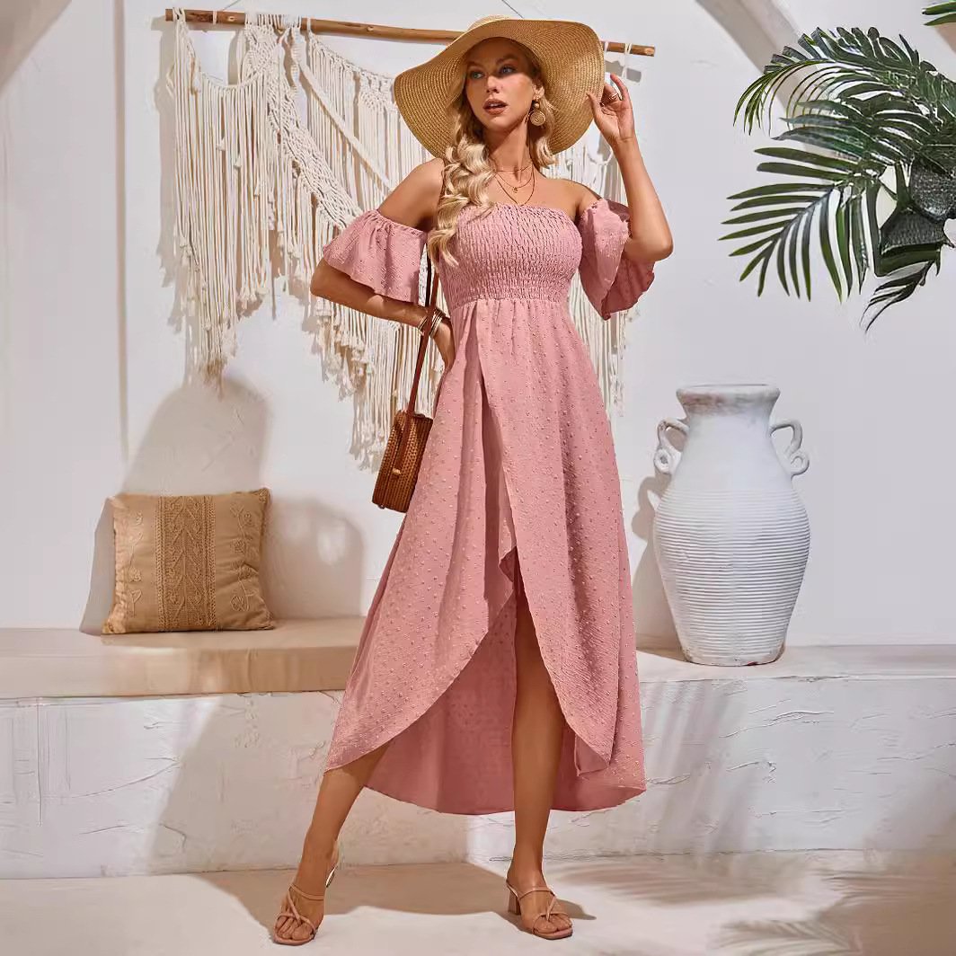 MANYLIYA Wholesale casual women's solid color asymmetrical elegant dress fashion short sleeved off shoulder daily vacation dress