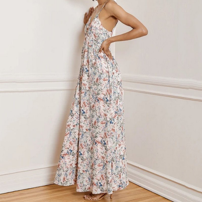 Custom Summer Fashion Floral Print Sling Dress Ladies Casual Sleeveless Loose Dress Long Ladies V Neck Pleated Party Dresses