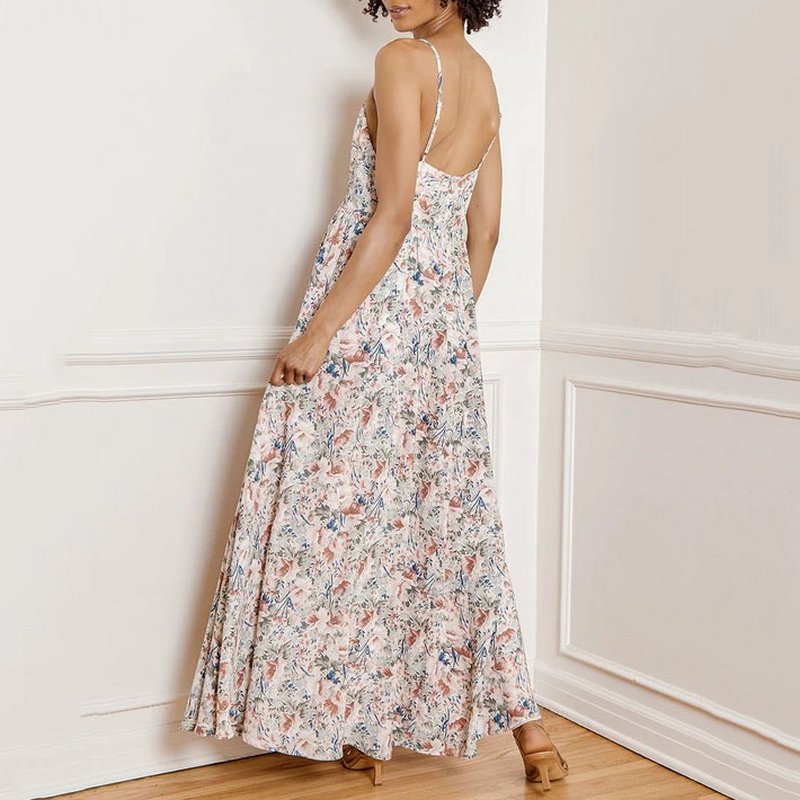 Custom Summer Fashion Floral Print Sling Dress Ladies Casual Sleeveless Loose Dress Long Ladies V Neck Pleated Party Dresses