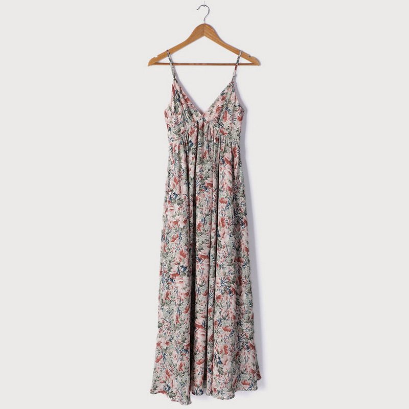 Custom Summer Fashion Floral Print Sling Dress Ladies Casual Sleeveless Loose Dress Long Ladies V Neck Pleated Party Dresses