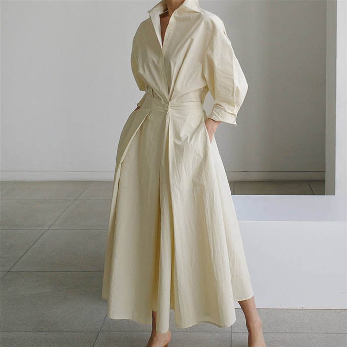 QZ8023 Wholesale 2023 Solid Color Linen Blends Turn Down Collar Slim Waist Long Sleeve Shirt Dress Women Casual Dresses