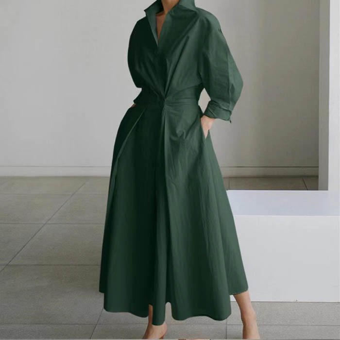 QZ8023 Wholesale 2023 Solid Color Linen Blends Turn Down Collar Slim Waist Long Sleeve Shirt Dress Women Casual Dresses