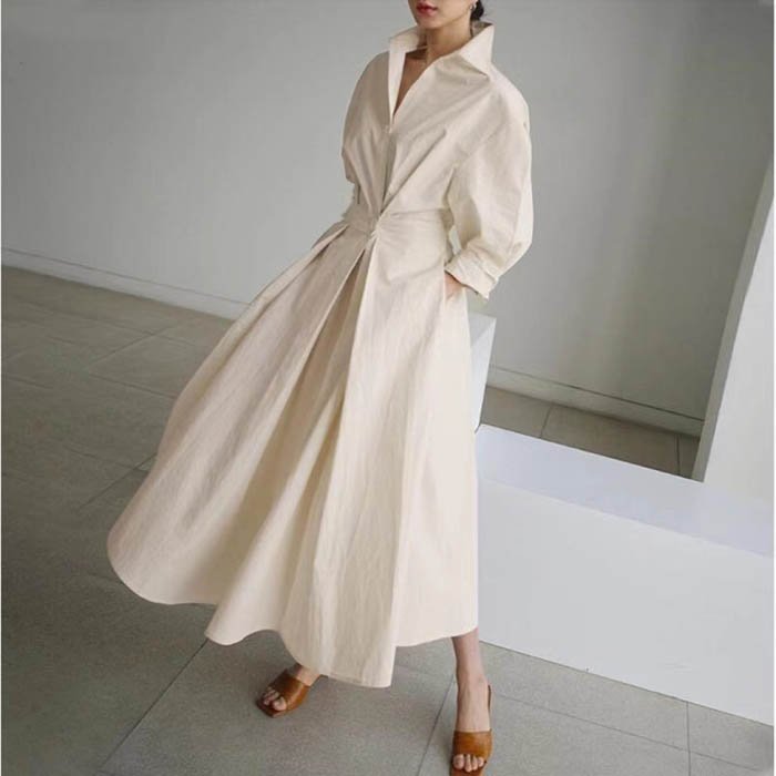 QZ8023 Wholesale 2023 Solid Color Linen Blends Turn Down Collar Slim Waist Long Sleeve Shirt Dress Women Casual Dresses