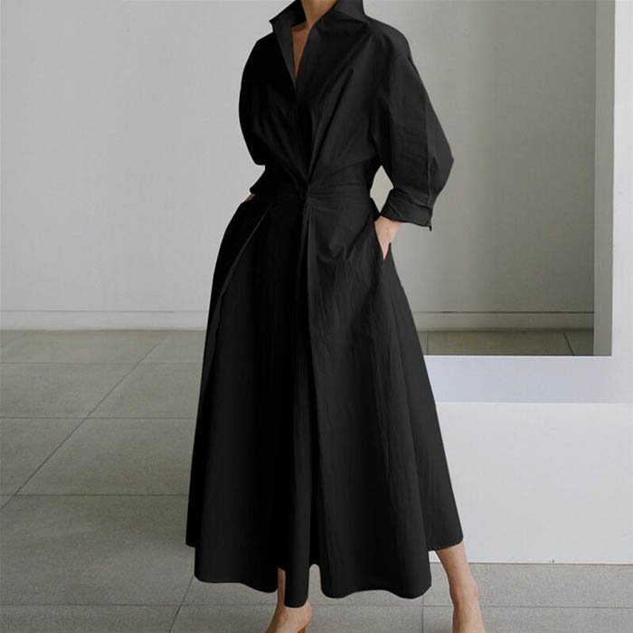 QZ8023 Wholesale 2023 Solid Color Linen Blends Turn Down Collar Slim Waist Long Sleeve Shirt Dress Women Casual Dresses