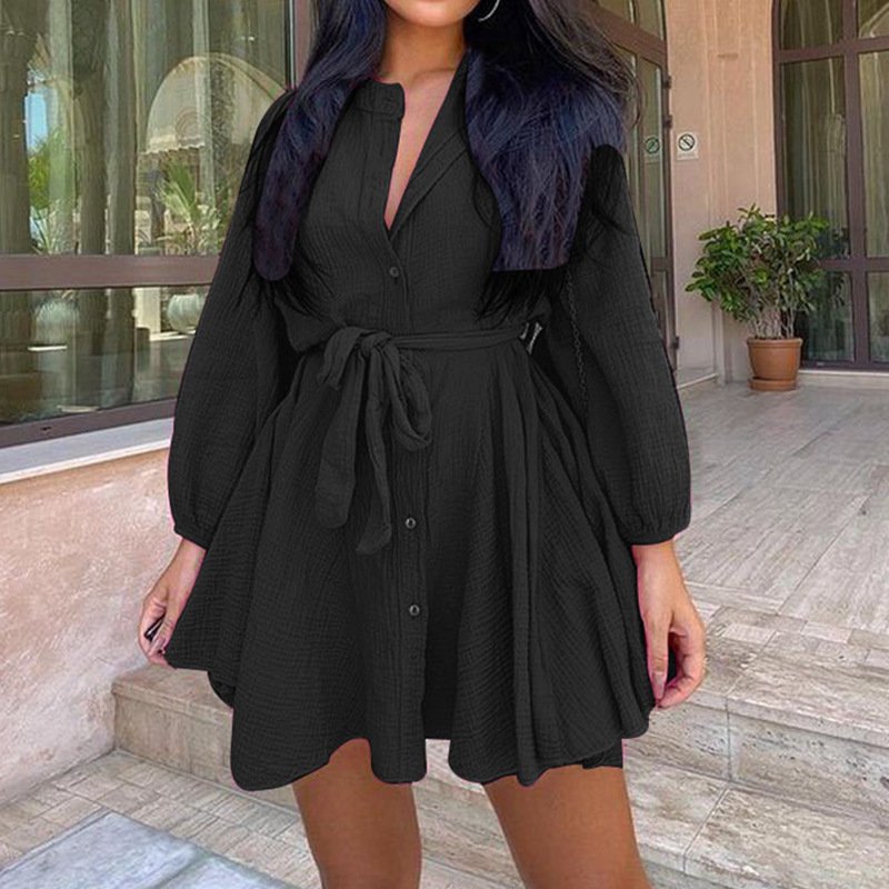 Casual Dresses Solid Color Cotton and Linen Bodycon Long Sleeve Skirt Mini Simple Short Dress for Women