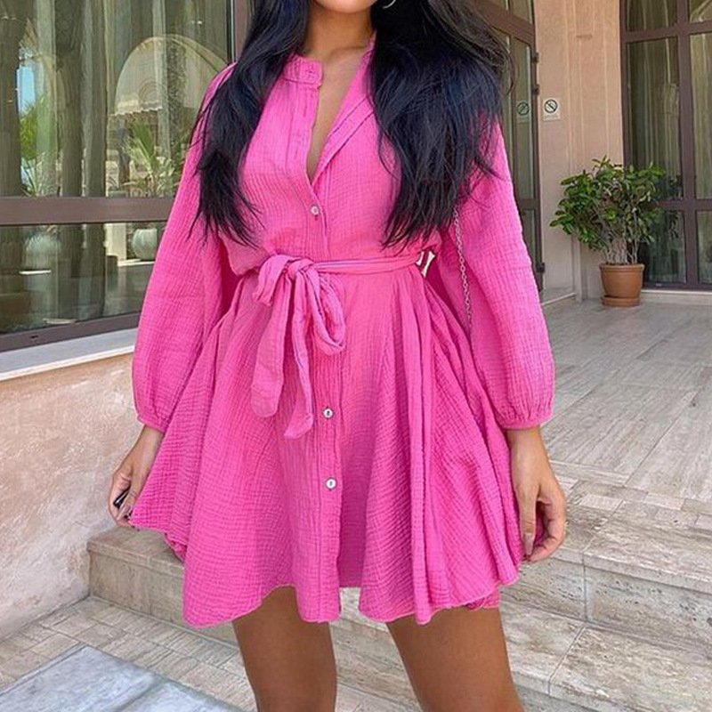 Casual Dresses Solid Color Cotton and Linen Bodycon Long Sleeve Skirt Mini Simple Short Dress for Women