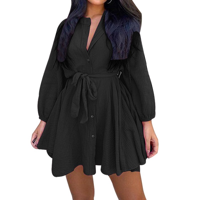 Casual Dresses Solid Color Cotton and Linen Bodycon Long Sleeve Skirt Mini Simple Short Dress for Women